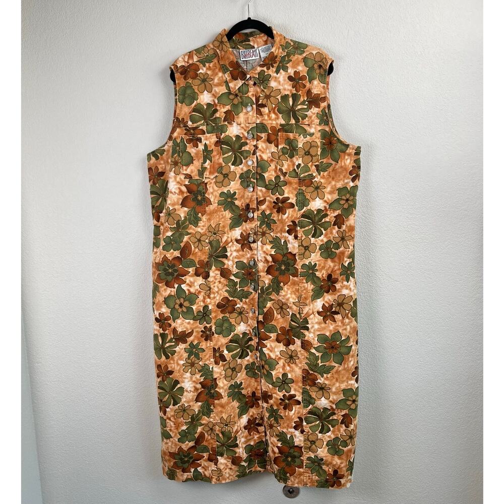 Vintage 90s Bill Blass Floral Linen Denim Sleeveless Button Front Midi Dress 2X